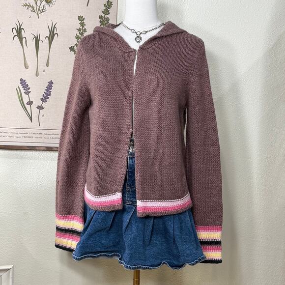 Vintage 90s Y2k Brown Striped Hooded Cardigan Sweater Indie Whimsy Twee Forest S - Picture 1 of 6
